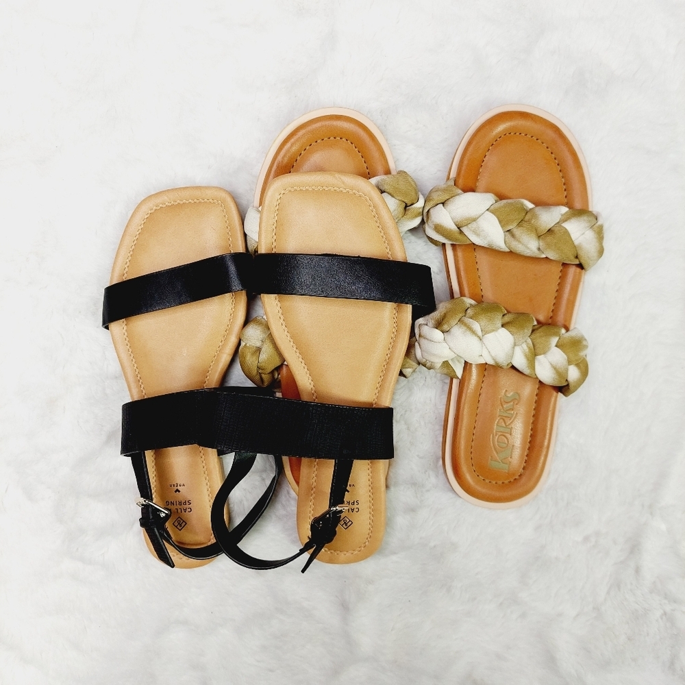 New Bundle of 2 Call it Spring/ Korks Black/Green Vegan Flat Sandals S191